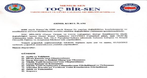 TOÇ BİR-SEN Tüzük Tadilatı Nedeni İle Genel Kurulunu Topluyor