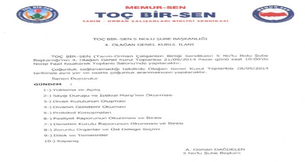 5 Nolu Bolu Şube Başkanlığı 4. Olağan Genel Kurul İlanı