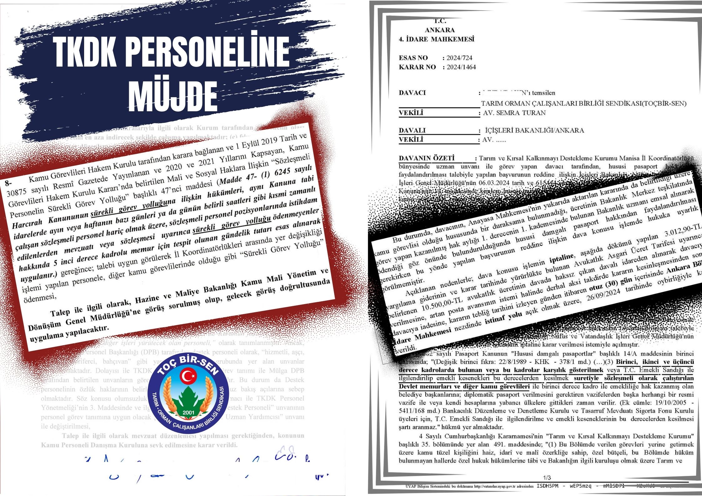 YETKİLİ SENDİKA TOÇ BİR-SEN'DEN TKDK PERSONELİNE ÇİFTE MÜJDE